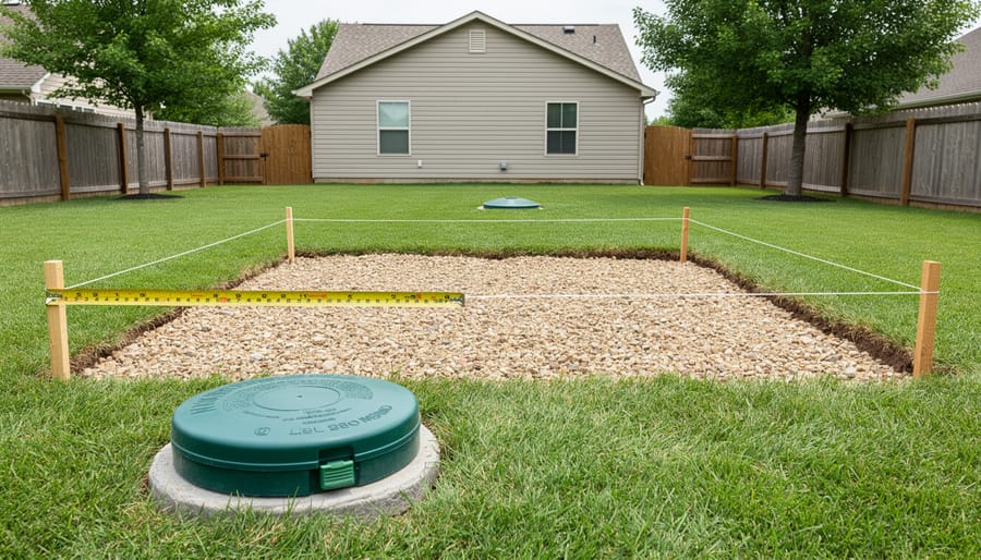 Tape measure stretched from a green wellhead to a staked shed footprint in a suburban backyard, with a house, fence, trees, and a subtle septic riser lid in the background.