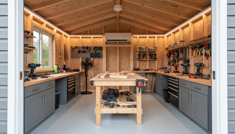 Garden shed with window air conditioning unit installed on exterior wall