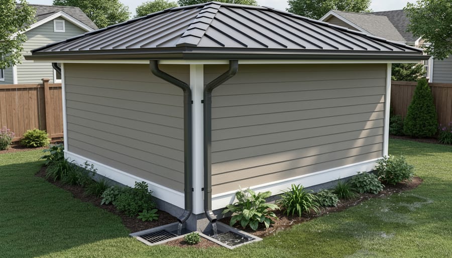 Garden shed with white vinyl gutters installed along the roof edge