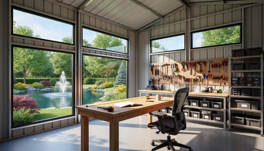 Interior view of shed workspace with window overlooking garden water feature and plants