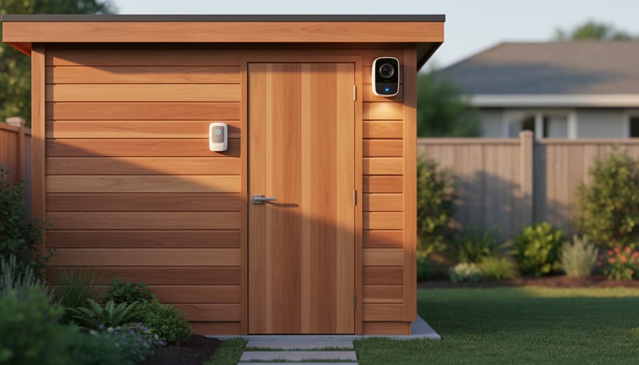 Modern cedar backyard shed with a mounted environmental sensor and compact security camera by the door, lit by golden hour light with a softly blurred garden and fence in the background.