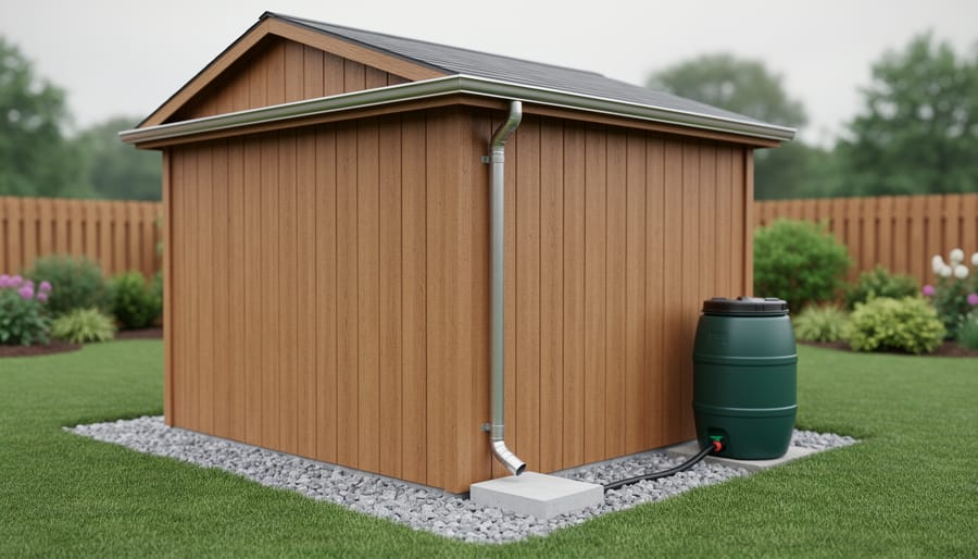 Eye-level view of a small wooden garden shed with aluminum half-round gutters and a downspout directing water onto a splash block toward a rain barrel, surrounded by a gravel French drain and sloped soil; garden beds and a fence in the background.