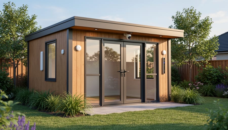 Wooden backyard shed with mounted digital sensor displaying integration of smart technology