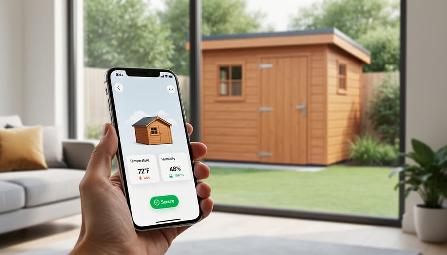 Person checking shed monitoring app on smartphone while standing near shed entrance