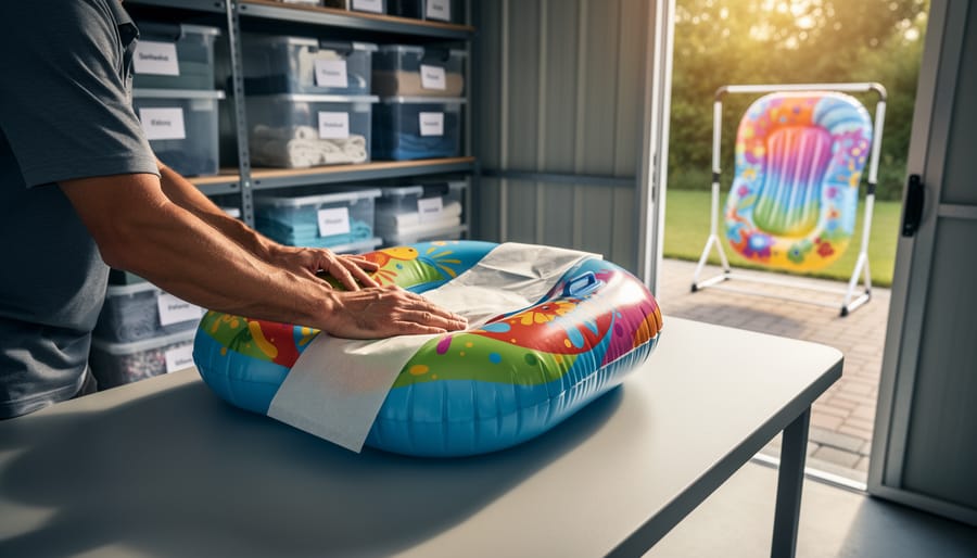 Hands rolling a colorful inflatable pool float with white tissue paper on a workbench in a clean storage shed, with clear sealed plastic bins on shelves and another inflatable drying in sunlight outside.