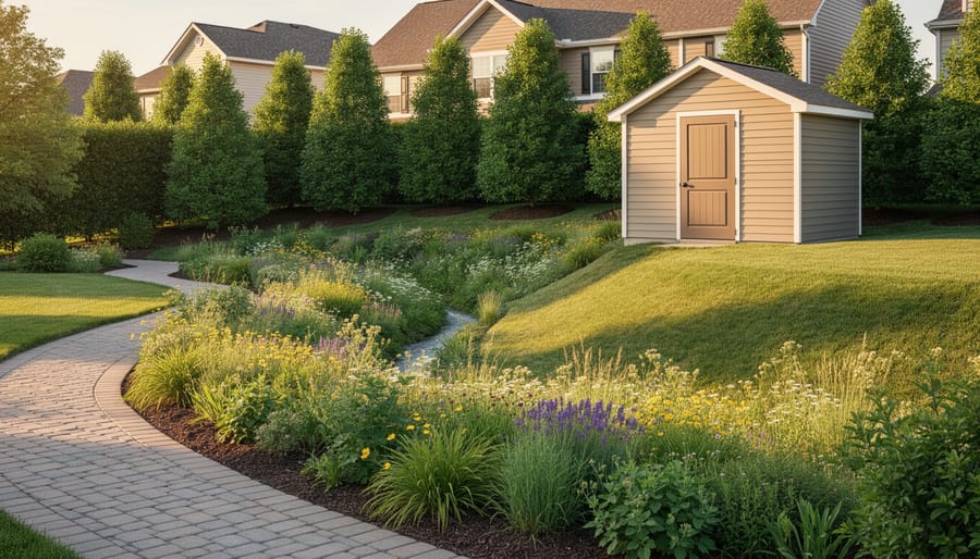 Slightly elevated view of a backyard with a curving rain garden and swale filled with native plants, a permeable paver path, and a small shed on raised ground, with a row of windbreak trees behind under warm evening light.