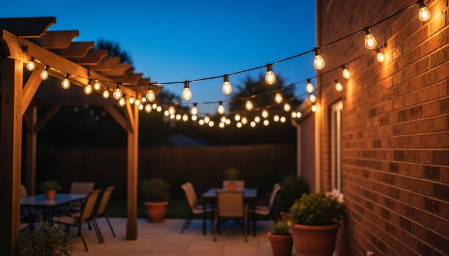 Edison bulb string lights hung in decorative pattern over wooden pergola and outdoor dining area