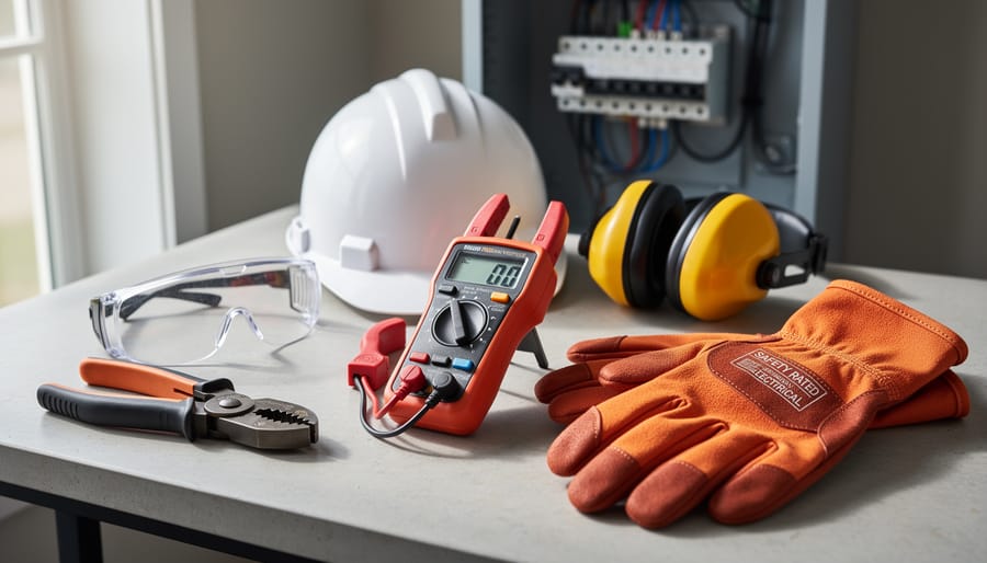 Electrical tools and safety equipment laid out on workbench for transfer switch installation