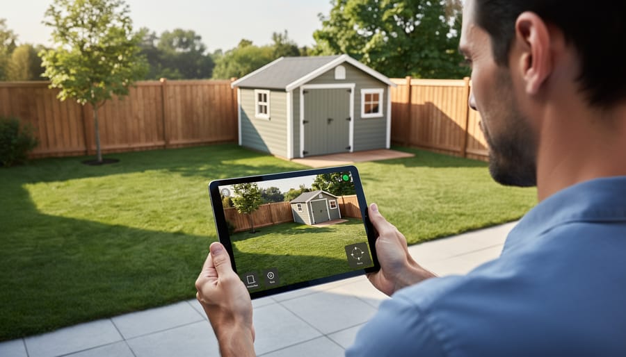 Smartphone displaying virtual shed placement app with digital shed overlay on backyard photo