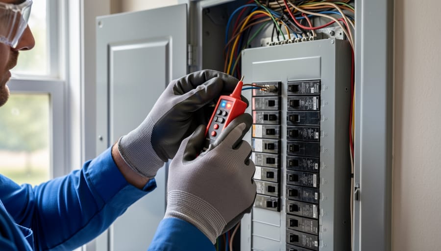 Electrician wearing insulated gloves testing electrical panel with voltage tester for safety