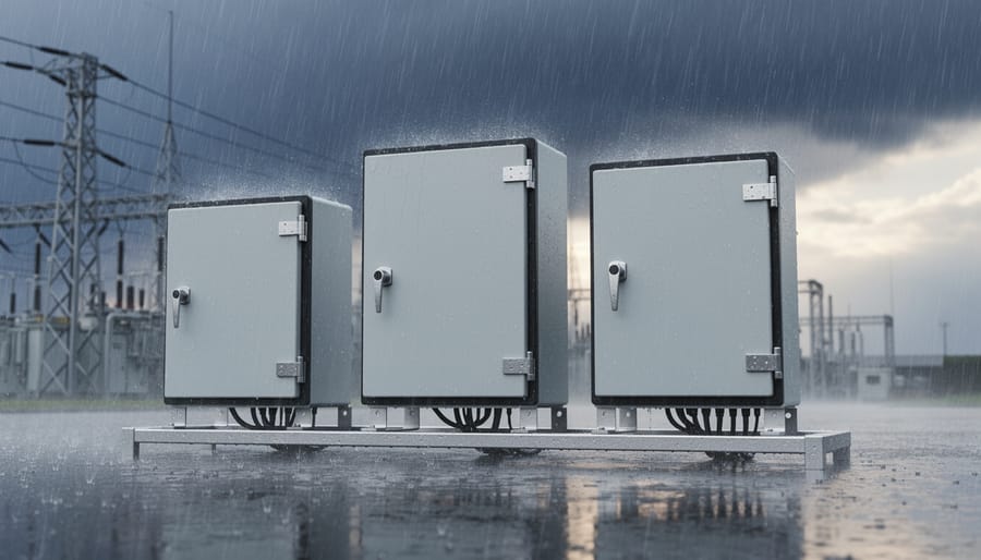 Weatherproof outdoor enclosure during heavy rainstorm with water streaming off its surface