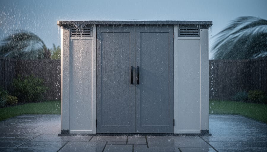 Modern resin outdoor storage enclosure in heavy rain with water streaming off the surface, reinforced corners visible, and a blurred backyard patio and plants in the background.