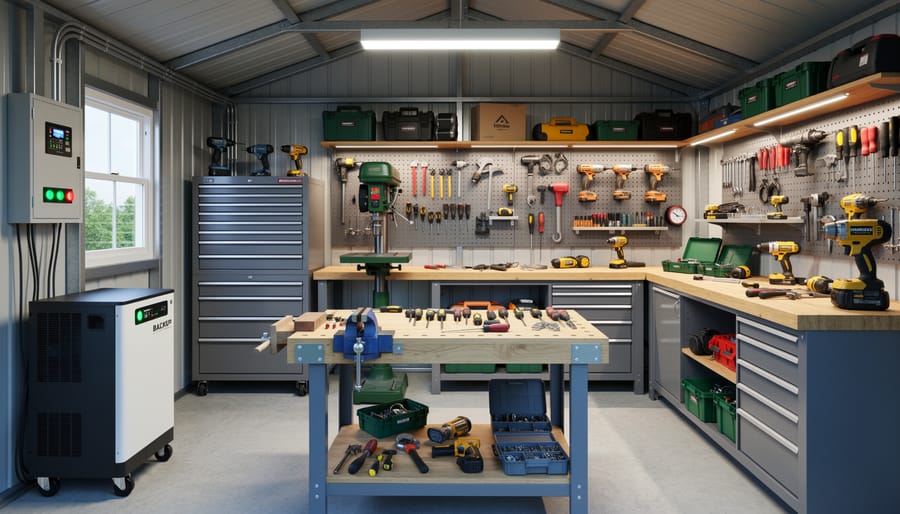 Illuminated workshop shed at dusk showing tools and workbenches through windows