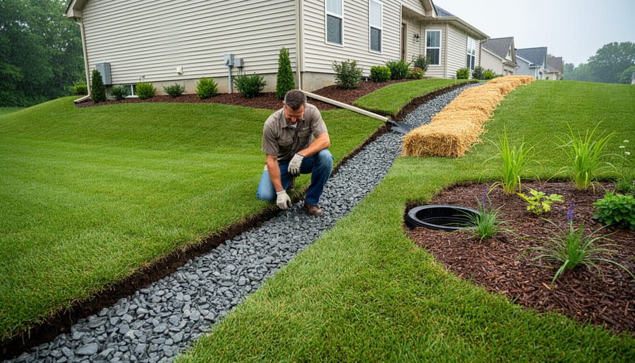 Homeowner kneels beside a gravel-filled french drain and grass swale carrying water away from a suburban house under overcast light, with a graded lawn, downspout extension, and straw erosion control blanket on a small slope in the background.