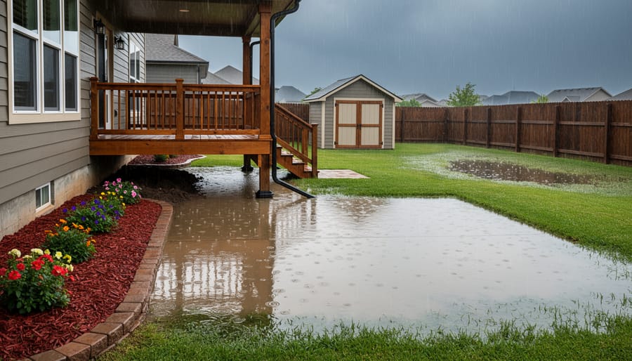 Garden shed surrounded by flood water showing foundation damage and poor drainage