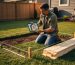 Person kneeling in a backyard holding a tablet with a 3D shed model, next to a staked 6x10 footprint, tape measure, and 2x4s on the grass, with fence and house softly blurred in warm golden hour light.