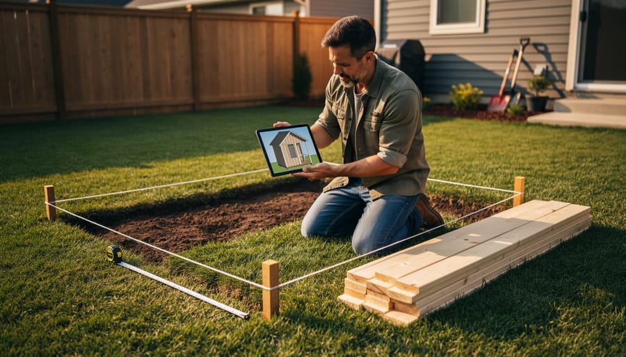 Person kneeling in a backyard holding a tablet with a 3D shed model, next to a staked 6x10 footprint, tape measure, and 2x4s on the grass, with fence and house softly blurred in warm golden hour light.