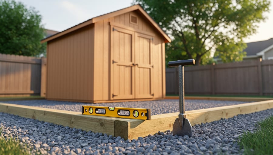 Low-angle photo of a 6x8 wooden shed on a compacted gravel pad with timber edging, a bubble level on the base, and a hand tamper nearby, with a blurred backyard fence and trees in the background.