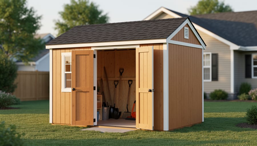 Modern 8x8 storage shed in well-maintained backyard setting