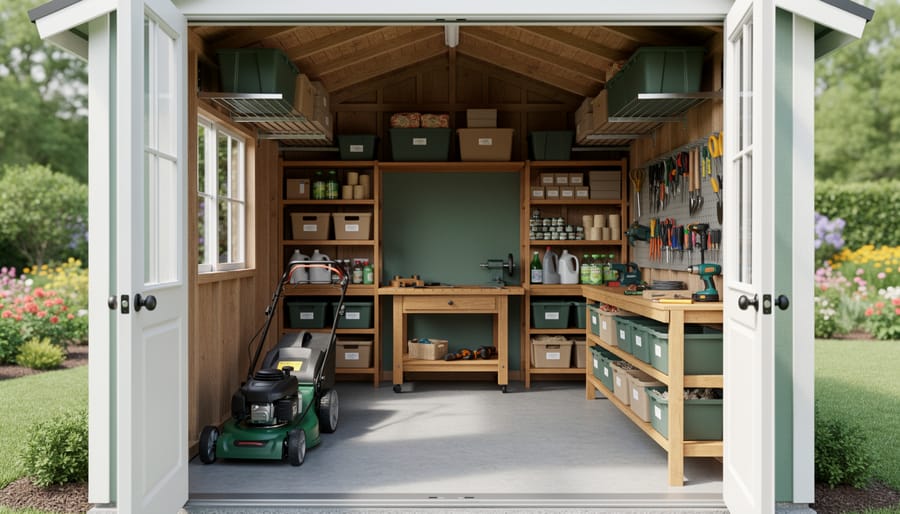 Eye-level view from the doorway into a compact 8x8 backyard shed with floor-to-ceiling shelves, pegboard tools, overhead racks, a small workbench, and a lawnmower, illuminated by soft natural light with a blurred garden visible outside.