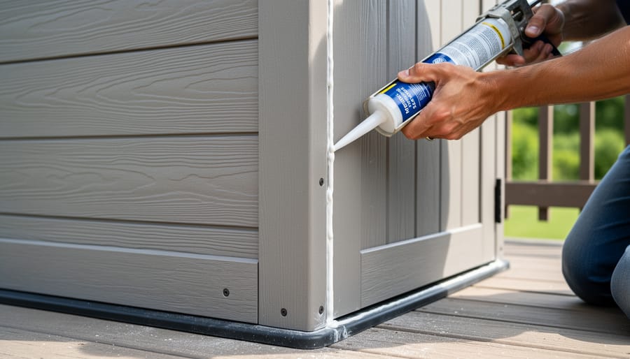 Close-up of applying marine sealant to wooden joints with caulking gun