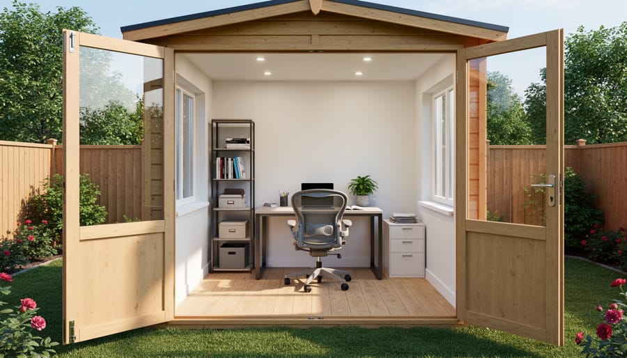 Converted 8x8 shed interior serving as modern backyard home office