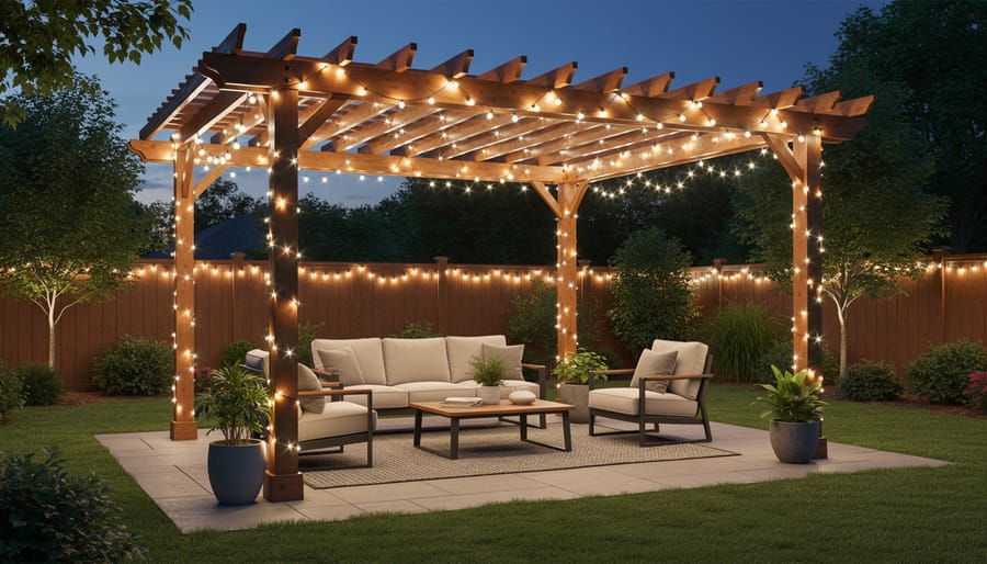 Backyard pergola and garden shed illuminated with warm LED string lights at dusk