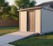 Modern backyard storage shed with a gently sloped 36-inch-wide broom-finish concrete path leading to a level landing at the entrance, lit by golden hour, with lawn, trees, and a privacy fence softly blurred in the background.