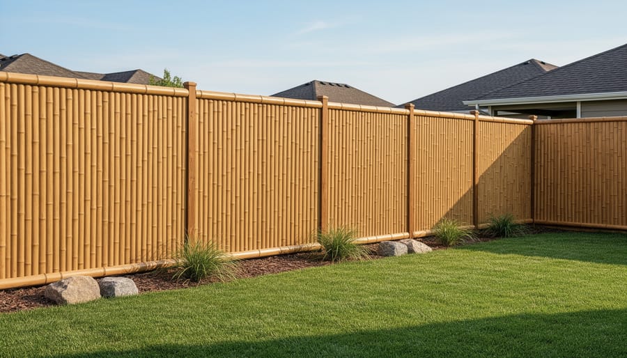 Natural bamboo fence installed in residential backyard garden