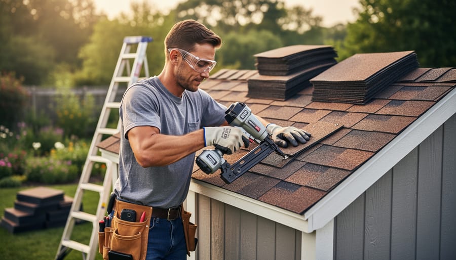 Person installing asphalt shingles on a small backyard shed roof from a slight low angle, wearing safety gloves and eye protection, with garden, ladder, and materials softly blurred in the background under diffused afternoon light.