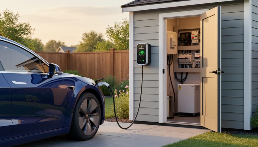 Bi-directional EV charging unit installed on exterior wall with electrical connections