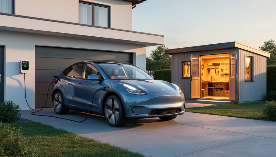 Unbranded electric crossover connected to a wall-mounted charger outside a home, with a warmly lit detached shed in the background, illustrating bidirectional EV power for household and workshop use at golden hour.