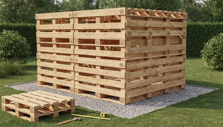 Stack of wooden shipping pallets showing construction details and heat treatment markings