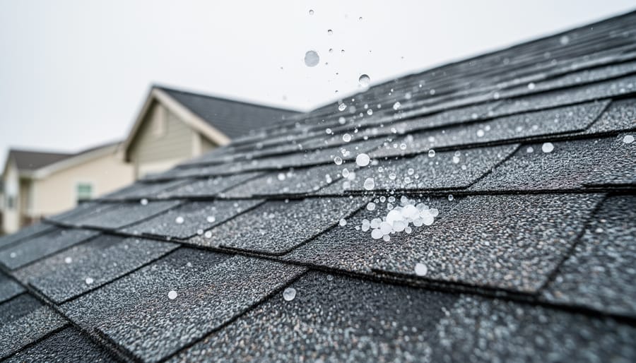 Close-up of impact-resistant shingles on shed roof with hailstones
