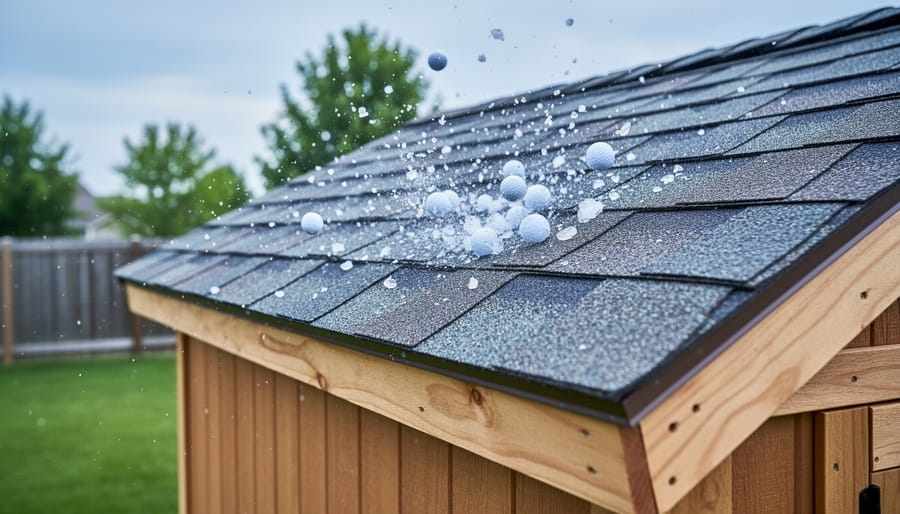 Close-up of impact-resistant asphalt shingles on a shed roof as golf-ball-sized hailstones hit, with a softly blurred backyard of trees and fencing under overcast light