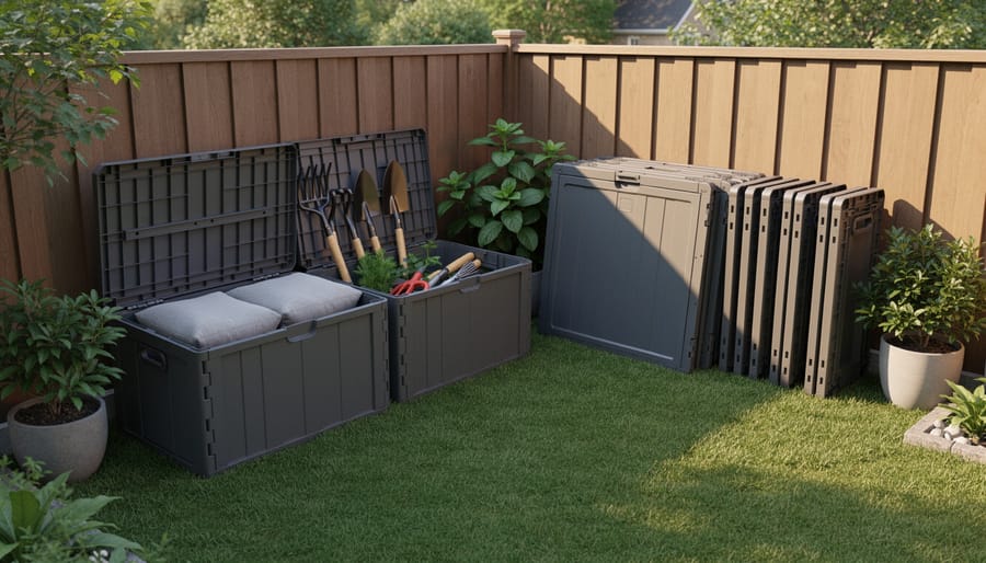 Collapsible storage container shown both expanded and collapsed in backyard setting