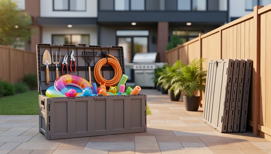 Two large collapsible outdoor storage containers on a small patio, one expanded with garden tools and pool toys, the other folded flat against a wooden fence, in soft late-afternoon light with a blurred townhouse and potted plants behind.