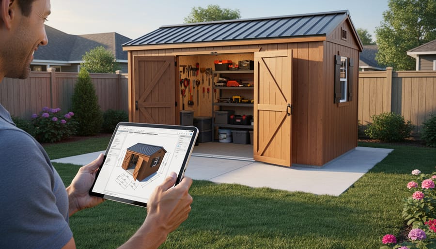 Finished 6x10 storage shed in backyard showing professional construction results