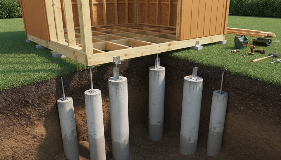 Concrete pier foundation installed below frost line in excavated trench