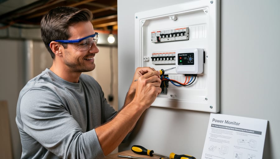 Hands installing smart power strip on workshop bench with tools nearby