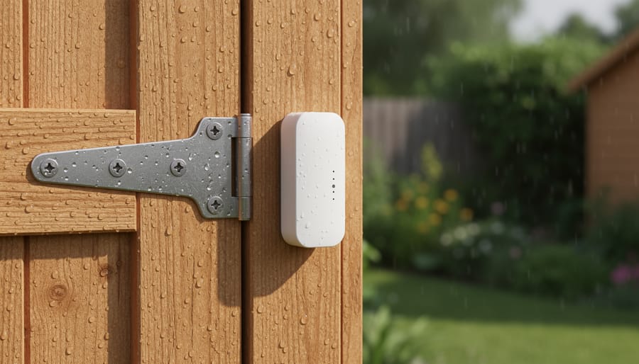 Close-up of weatherproof magnetic door sensor installed on shed door frame