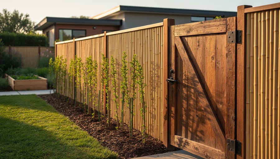 Bamboo fence with a reclaimed-wood gate and a row of newly planted living willow cuttings in a backyard, shot at golden hour with garden beds and native plants softly blurred behind.