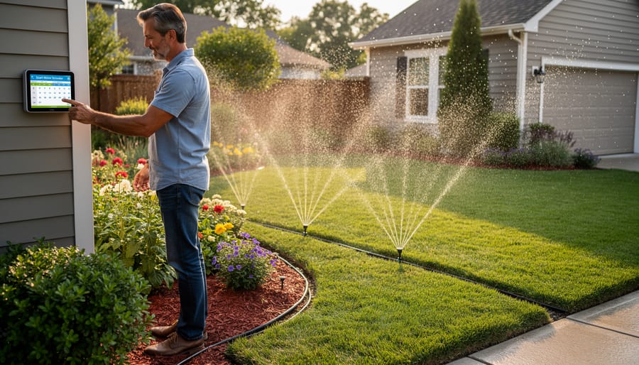 Close-up of sprinkler watering green lawn with water droplets visible in morning light