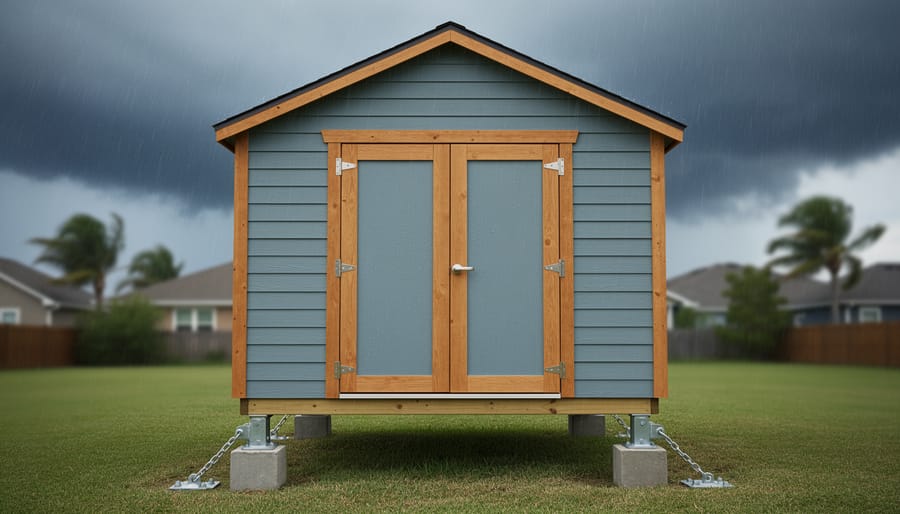 Reinforced backyard shed on elevated concrete piers with metal anchors and sealed doors under a stormy sky, with a suburban yard and windswept trees in the background.