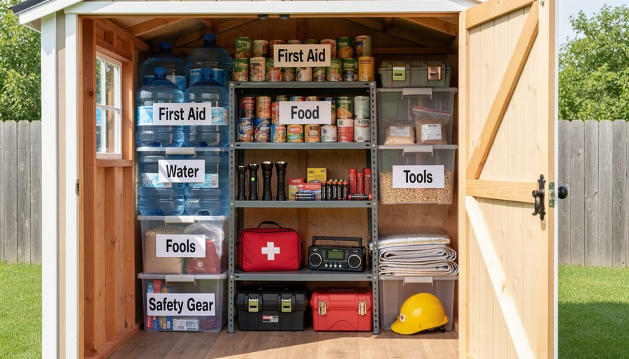 Organized emergency supplies and first aid materials stored on shed shelving