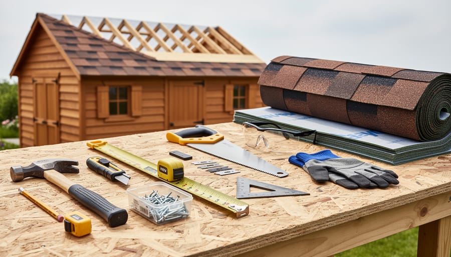 Basic roofing tools including hammer, utility knife, chalk line, and measuring tape