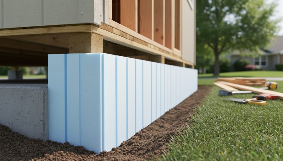 Rigid foam insulation boards installed against concrete shed foundation wall