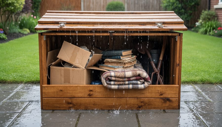 Damaged cushions and rusty tools in failed outdoor storage box showing water damage