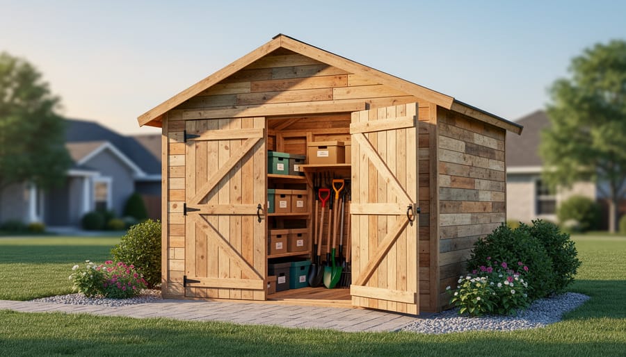 Completed pallet storage shed with pitched roof in residential backyard setting