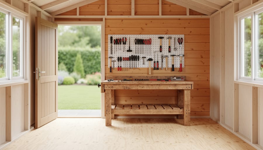 Organized shed interior with plywood and tongue-and-groove pine walls, pegboard tools above a wooden workbench, shelves, and natural side-window light, with a garden visible beyond the doorway.